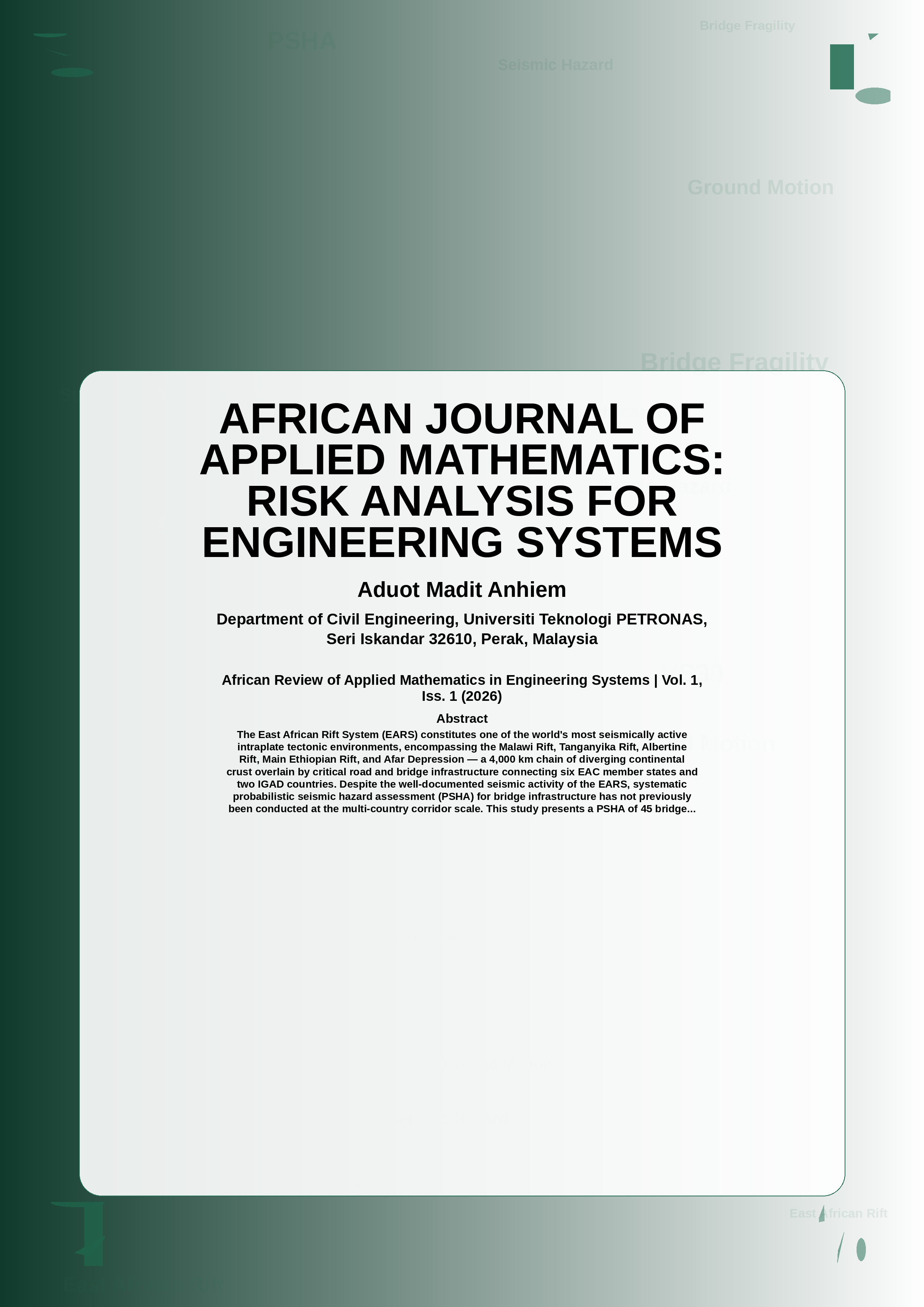 Cover image for: AFRICAN JOURNAL OF APPLIED MATHEMATICS: RISK ANALYSIS FOR ENGINEERING SYSTEMS