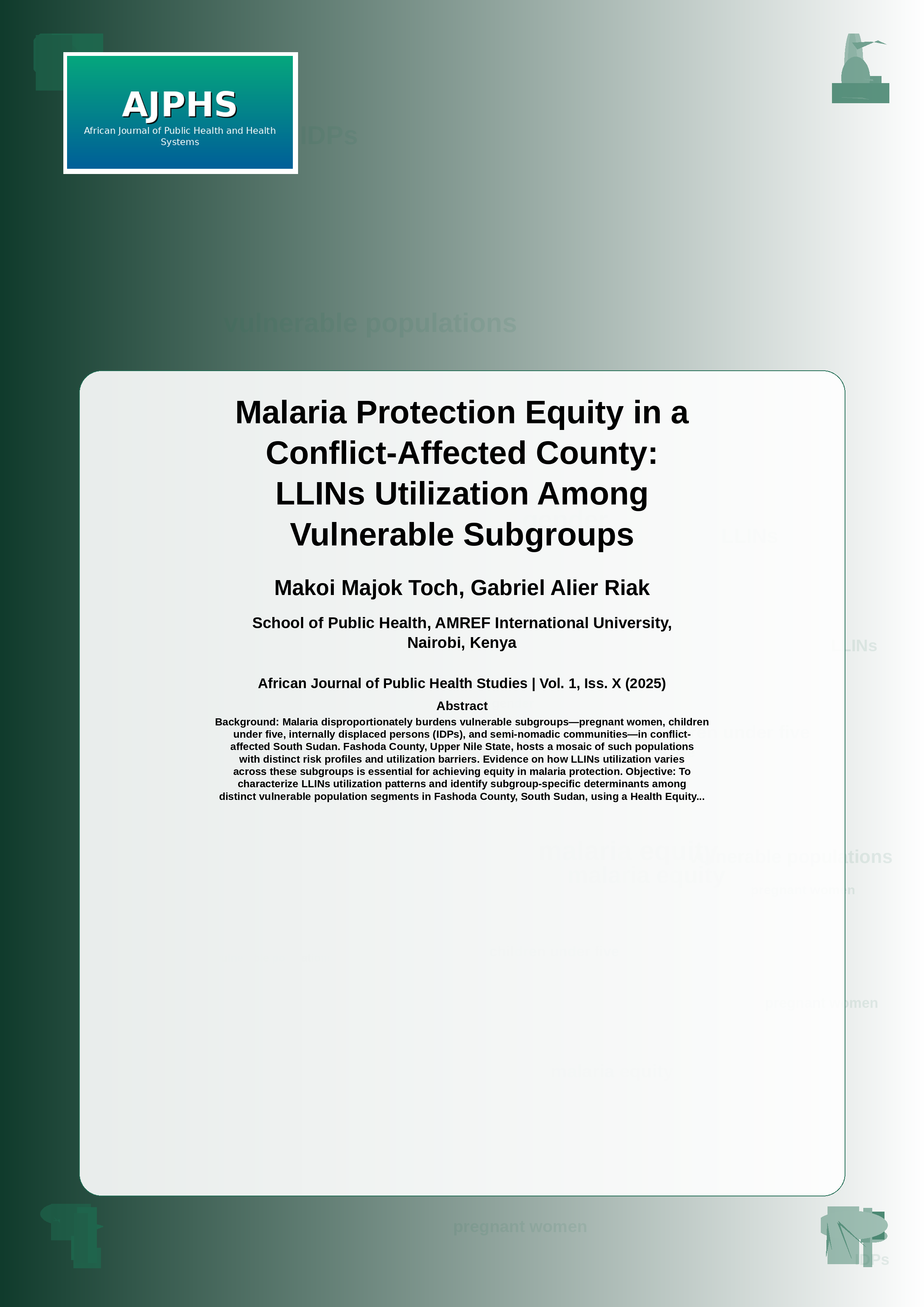 Cover image for: Malaria Protection Equity in a Conflict-Affected County: LLINs Utilization Among Vulnerable Subgroups in Fashoda County, Upper Nile State, South Sudan — A Cross-Sectional Analytica