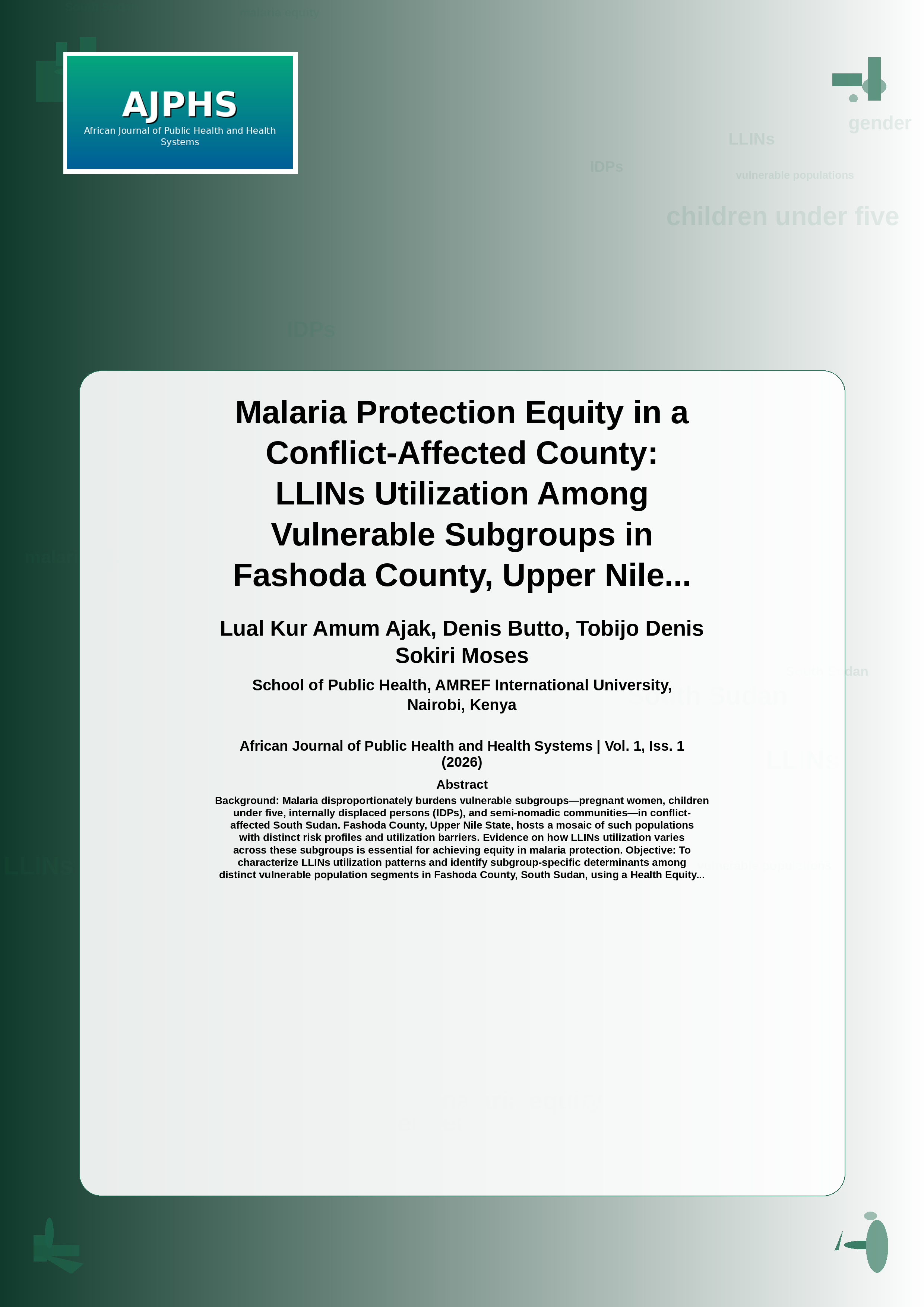 Cover image for: Malaria Protection Equity in a Conflict-Affected County: LLINs Utilization Among Vulnerable Subgroups in Fashoda County, Upper Nile State, South Sudan — A Cross-Sectional Analytica