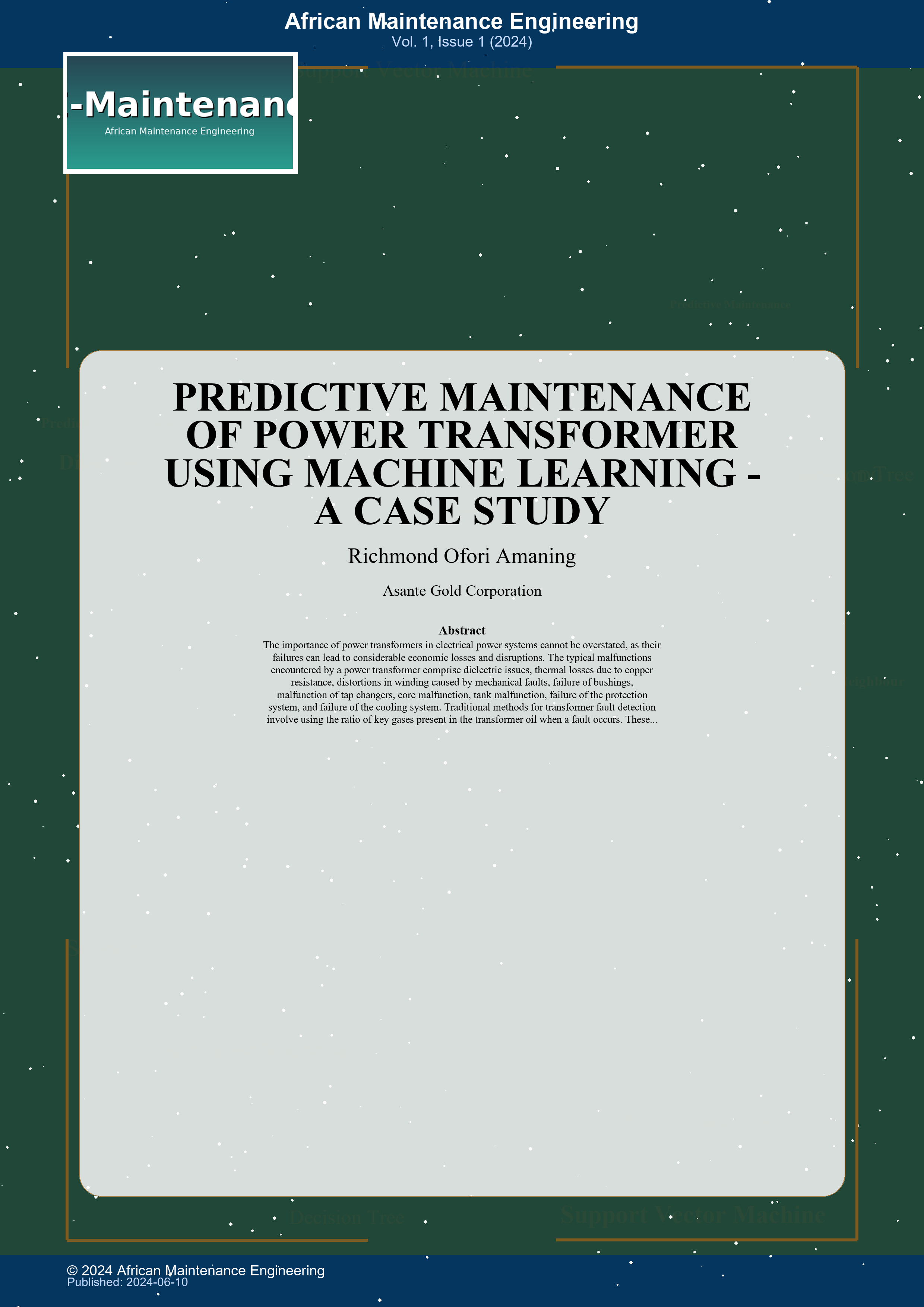 Cover image for: PREDICTIVE MAINTENANCE OF POWER TRANSFORMER USING MACHINE LEARNING - A CASE STUDY