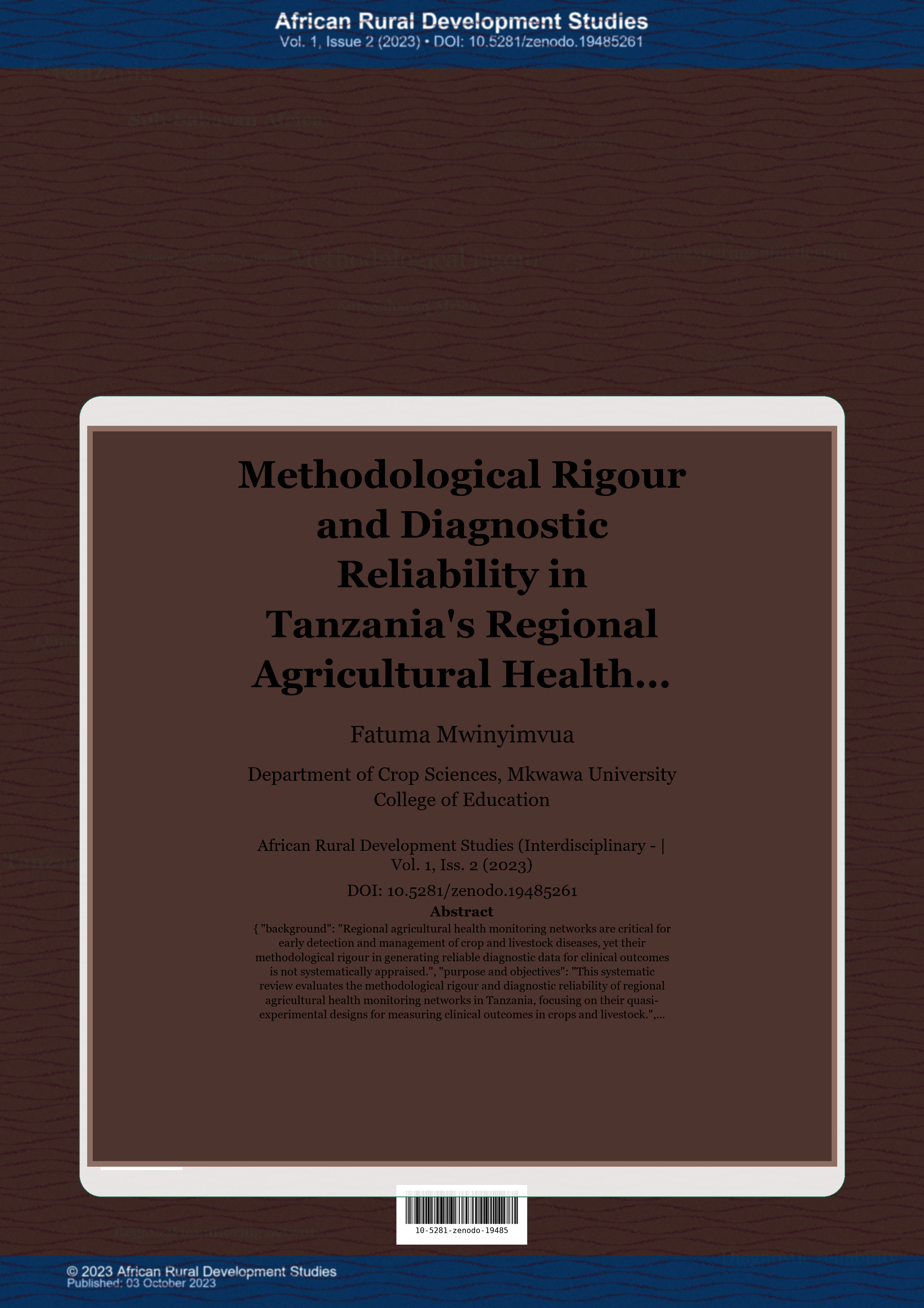 Cover image for: Methodological Rigour and Diagnostic Reliability in Tanzania's Regional Agricultural Health Monitoring Networks: A Systematic Review