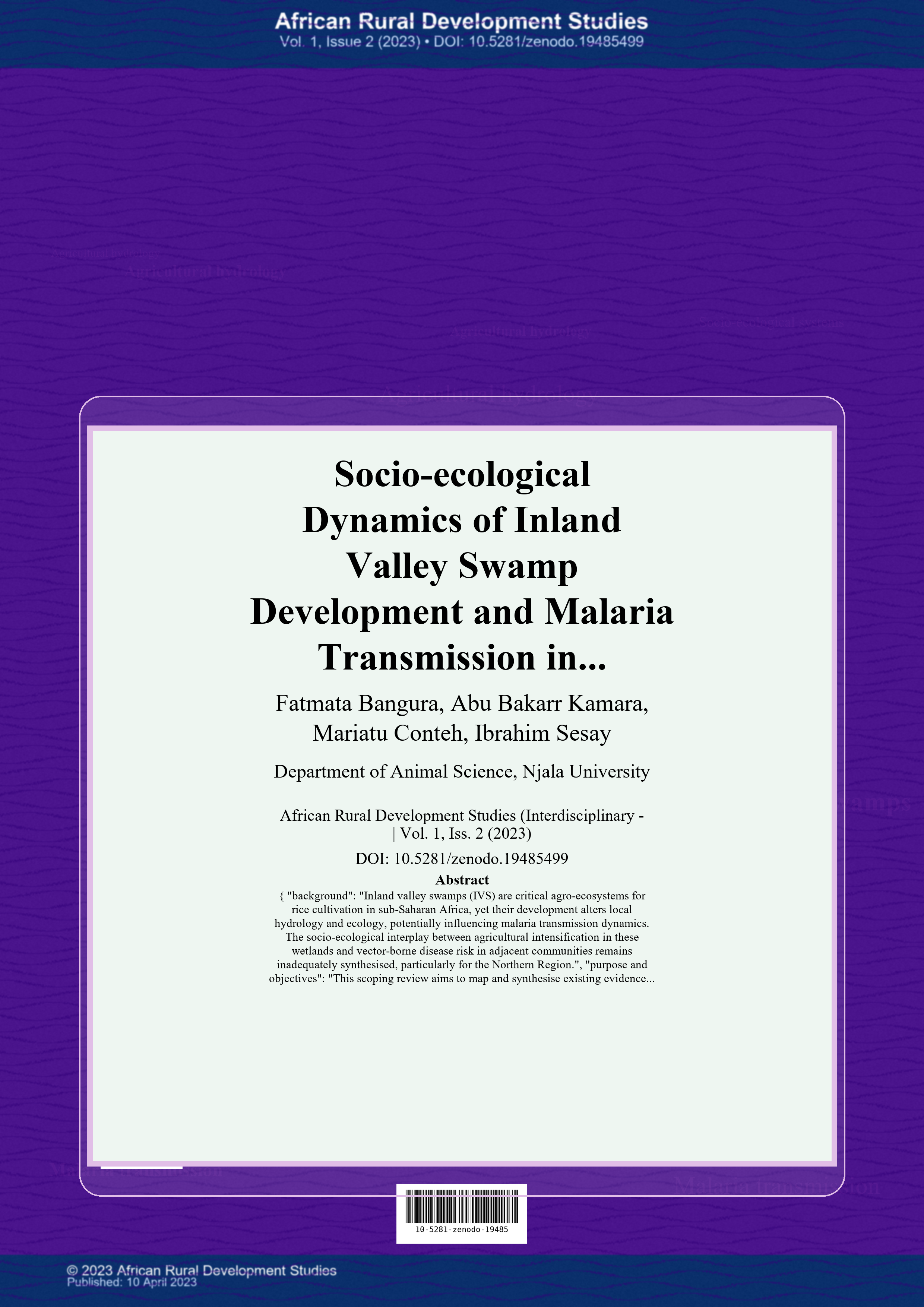Cover image for: Socio-ecological Dynamics of Inland Valley Swamp Development and Malaria Transmission in Northern Sierra Leone: A Scoping Review