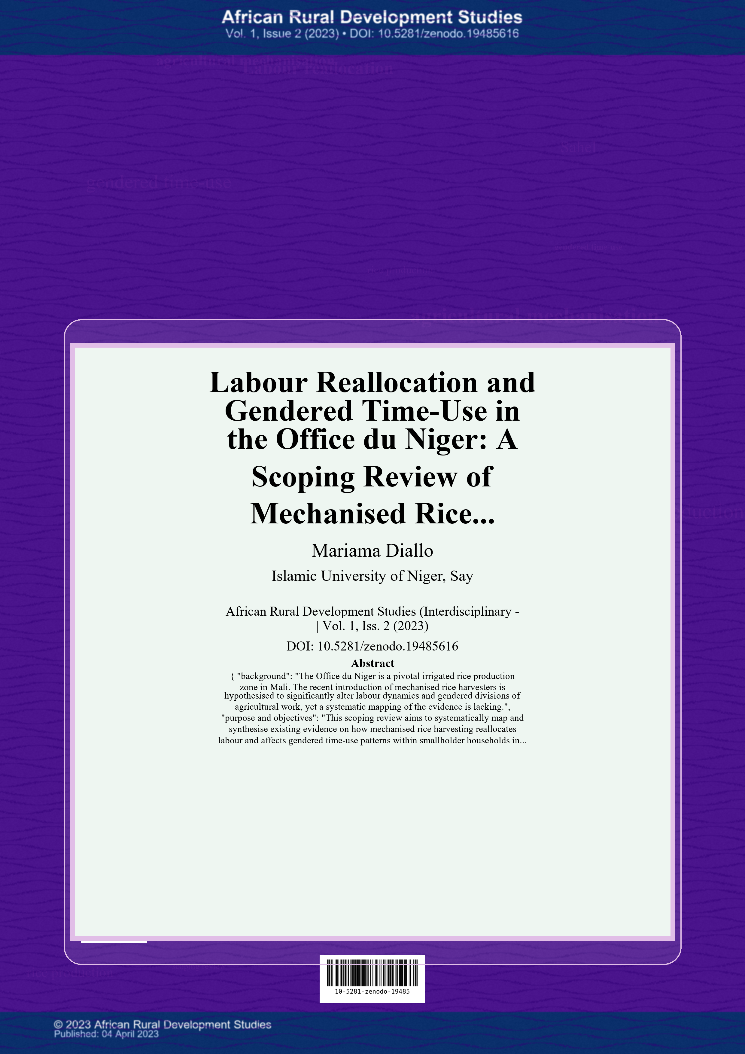 Cover image for: Labour Reallocation and Gendered Time-Use in the Office du Niger: A Scoping Review of Mechanised Rice Harvester Impacts