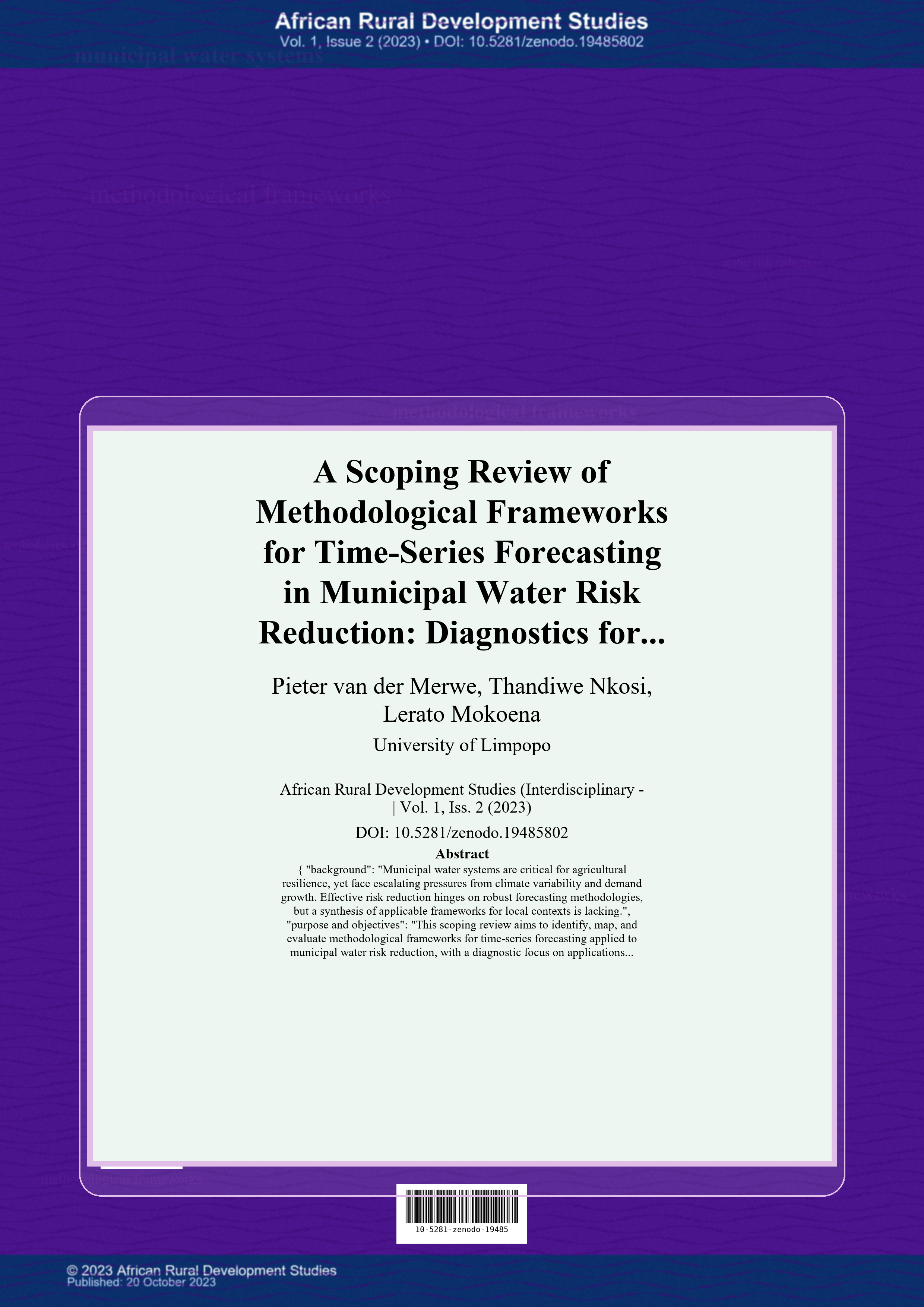 Cover image for: A Scoping Review of Methodological Frameworks for Time-Series Forecasting in Municipal Water Risk Reduction: Diagnostics for South African Systems (2021–2026)
