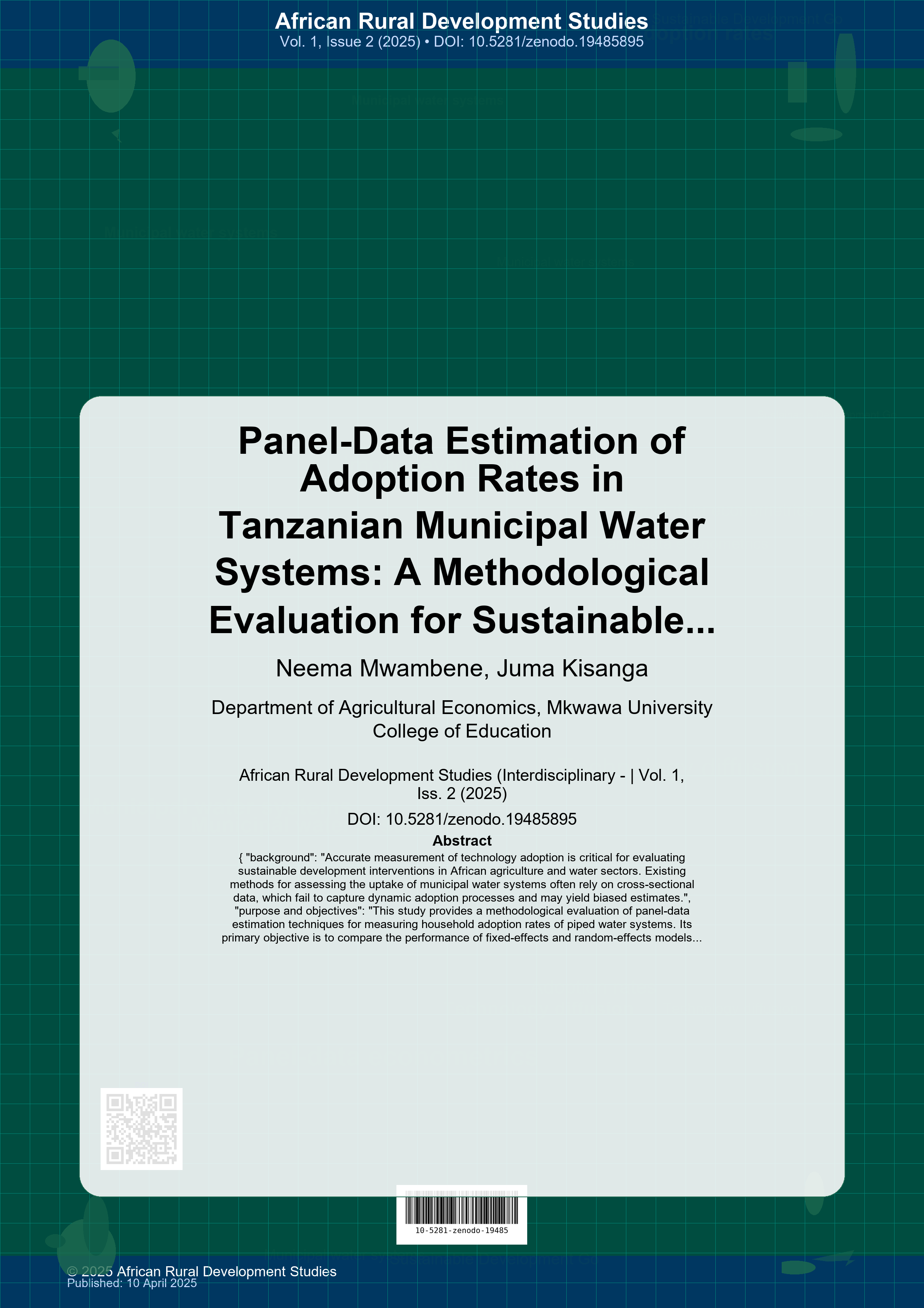 Cover image for: Panel-Data Estimation of Adoption Rates in Tanzanian Municipal Water Systems: A Methodological Evaluation for Sustainable Development