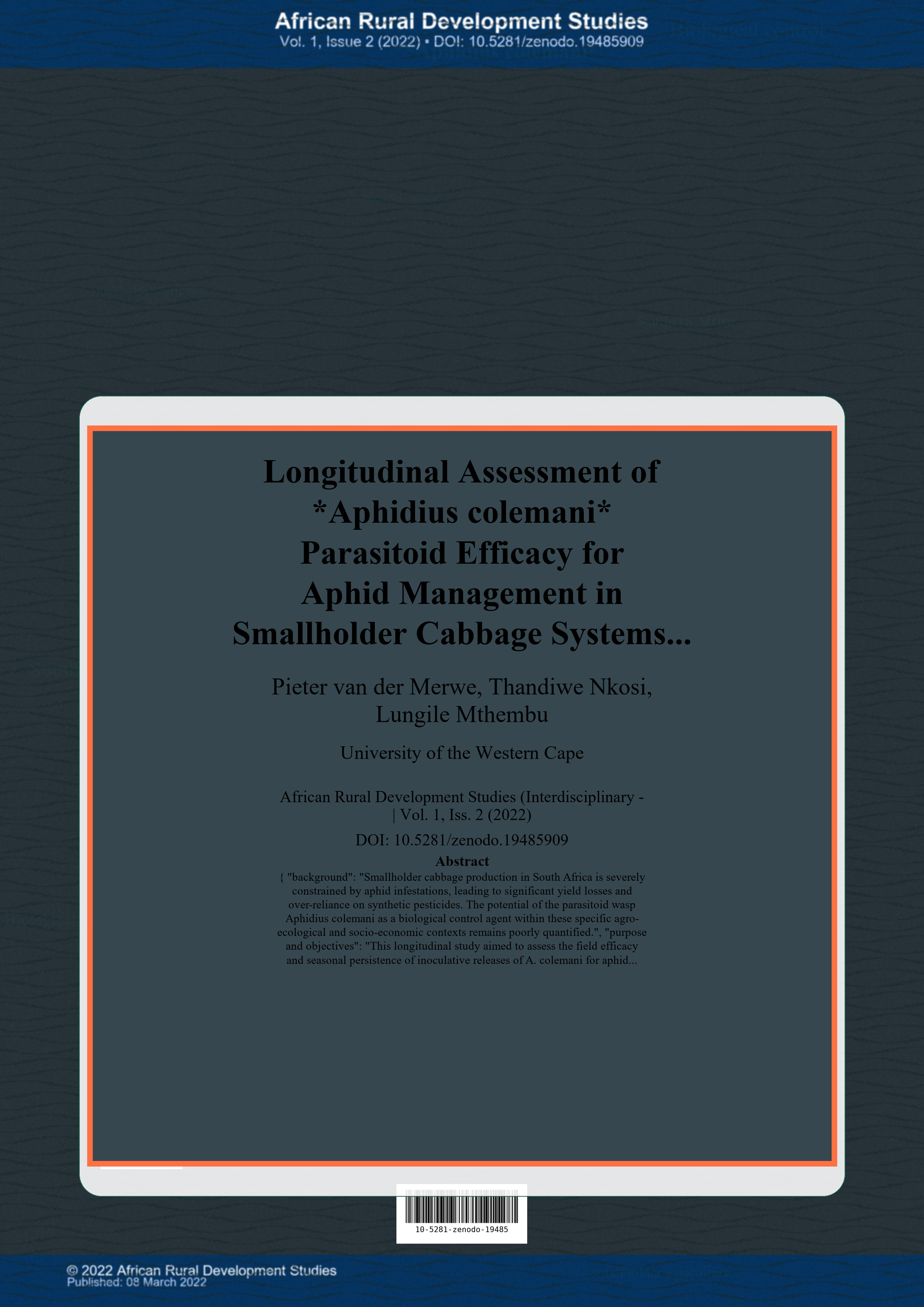 Cover image for: Longitudinal Assessment of *Aphidius colemani* Parasitoid Efficacy for Aphid Management in Smallholder Cabbage Systems of the Amathole District