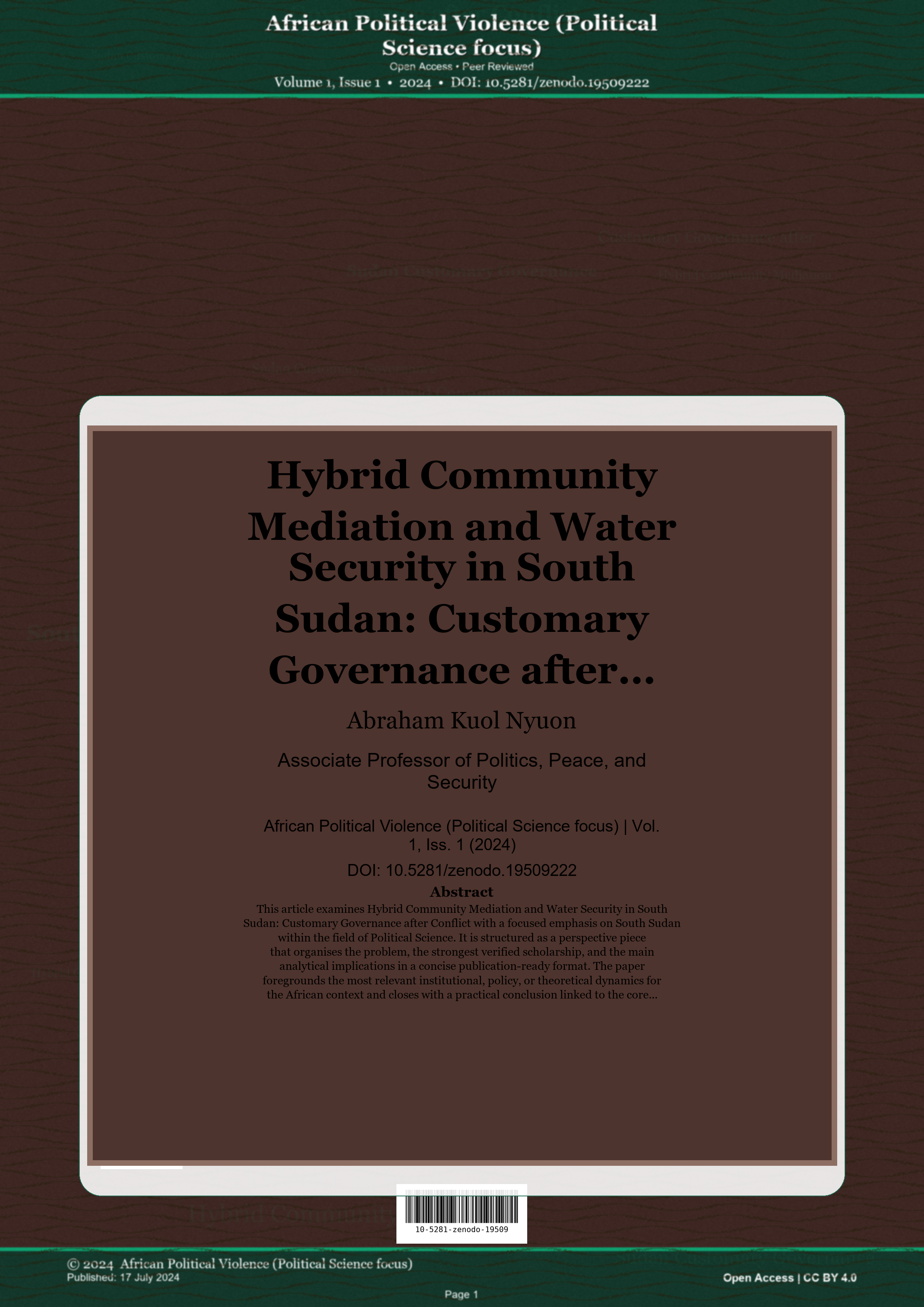 Cover image for: Hybrid Community Mediation and Water Security in South Sudan: Customary Governance after Conflict
