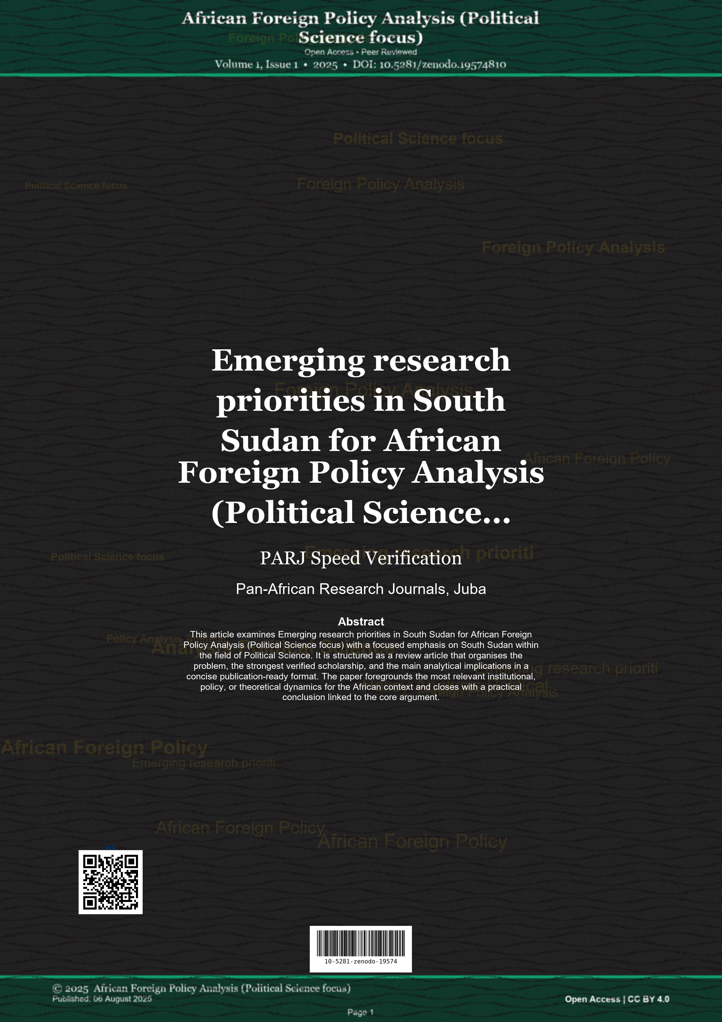 Cover image for: Emerging research priorities in South Sudan for African Foreign Policy Analysis (Political Science focus)