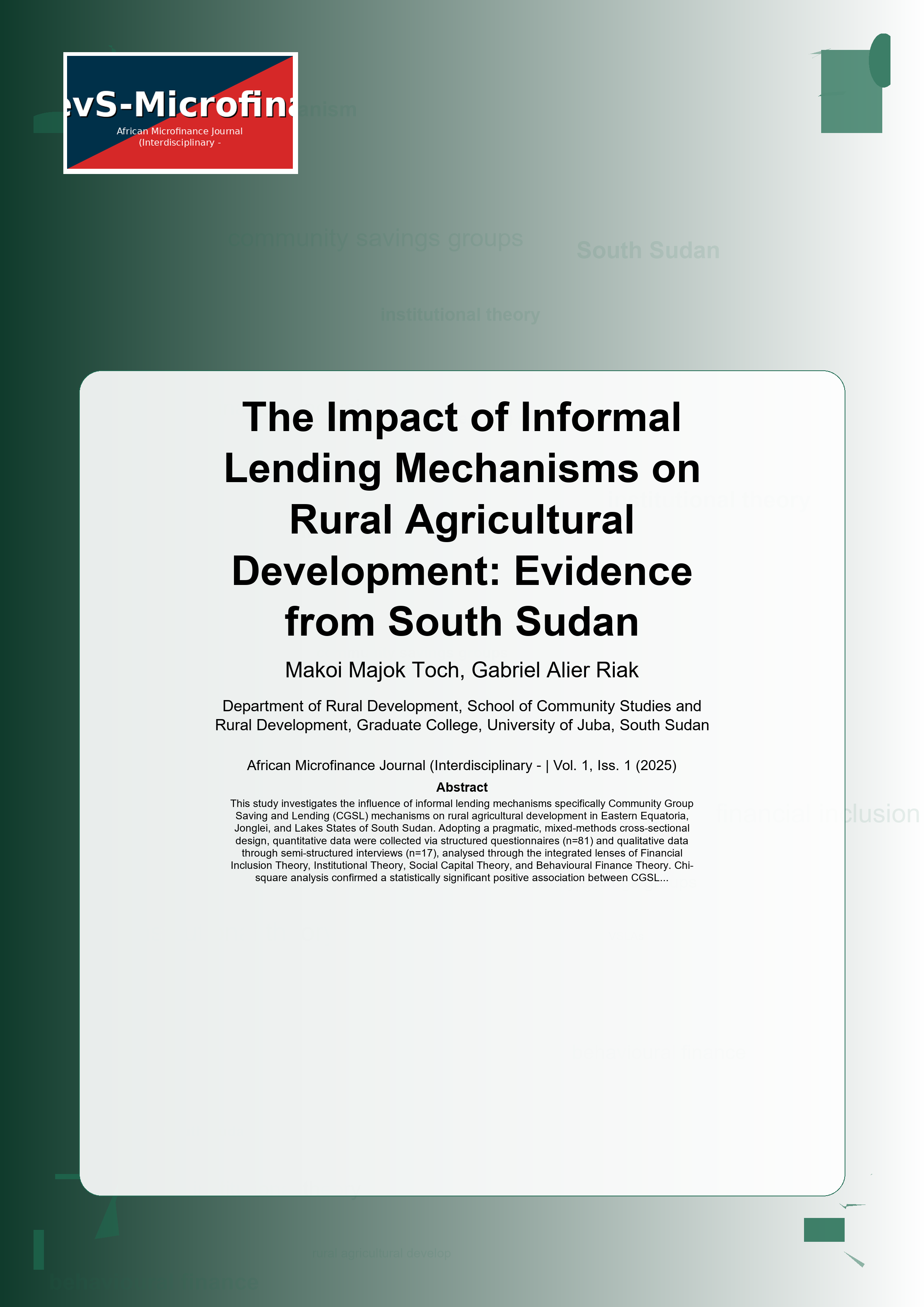 Cover image for: The Impact of Informal Lending Mechanisms on Rural Agricultural Development: Evidence from South Sudan
