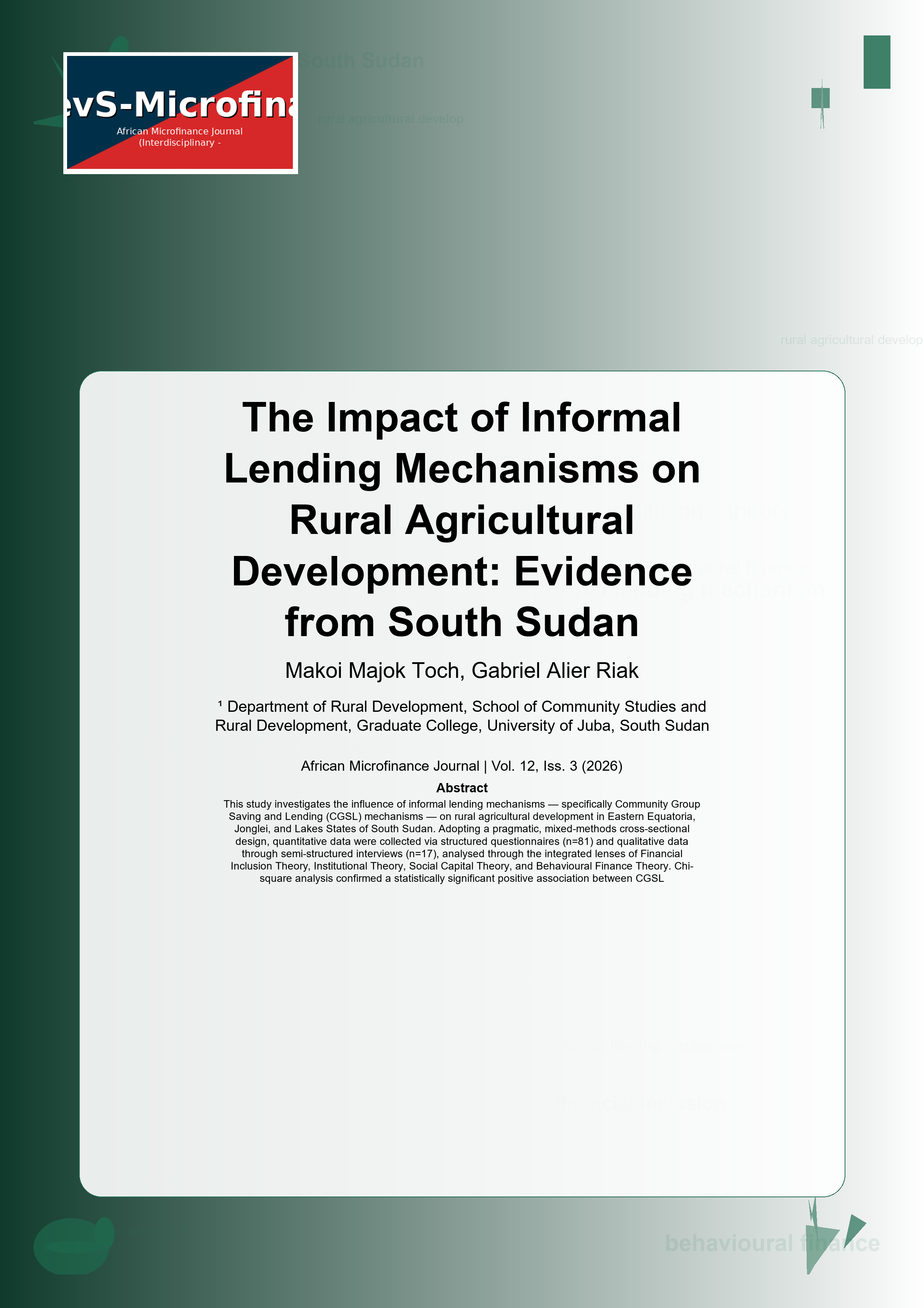 Cover image for: The Impact of Informal Lending Mechanisms on Rural Agricultural Development: Evidence from South Sudan