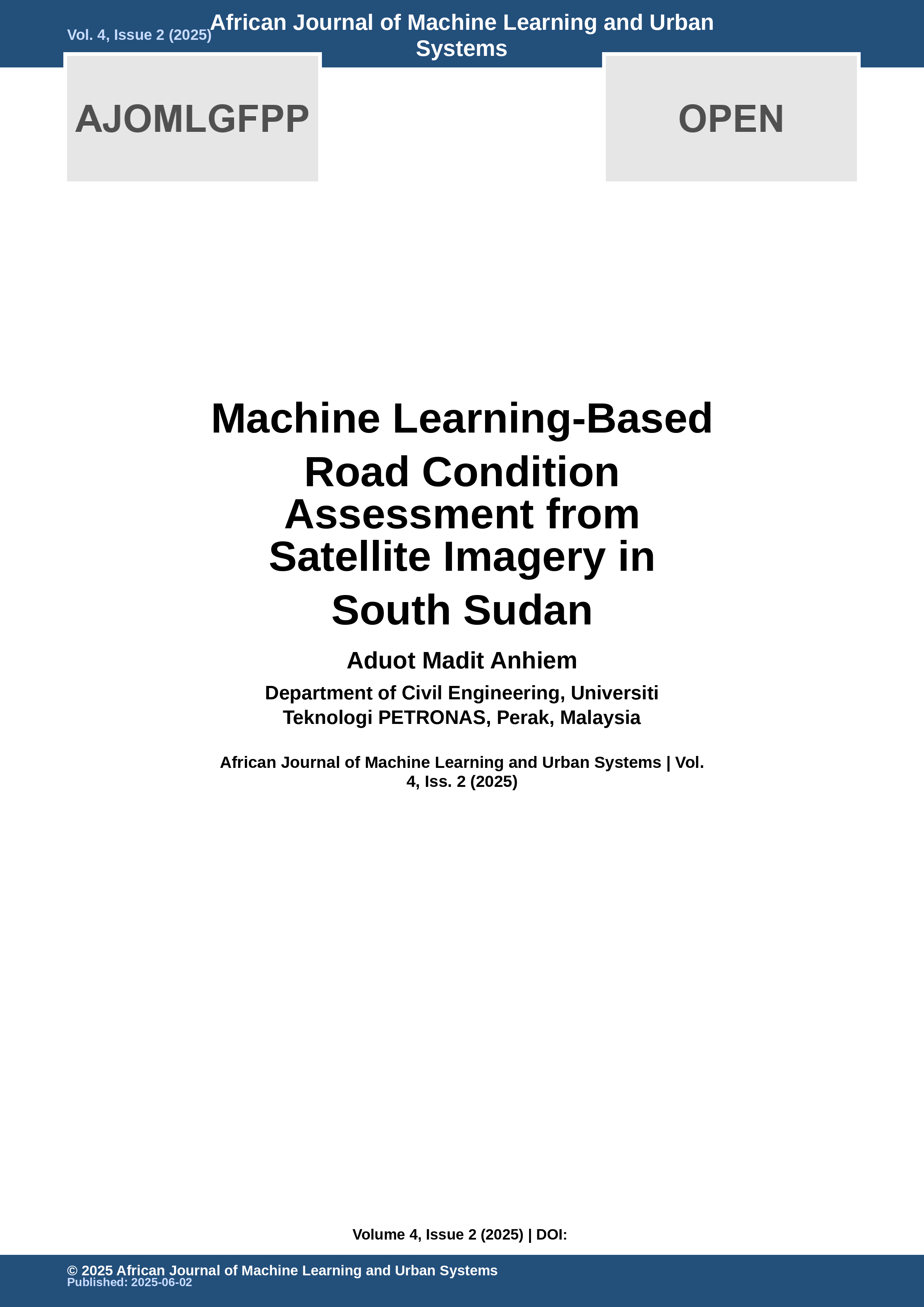 Cover image for: Machine Learning-Based Road Condition Assessment from Satellite Imagery in South Sudan